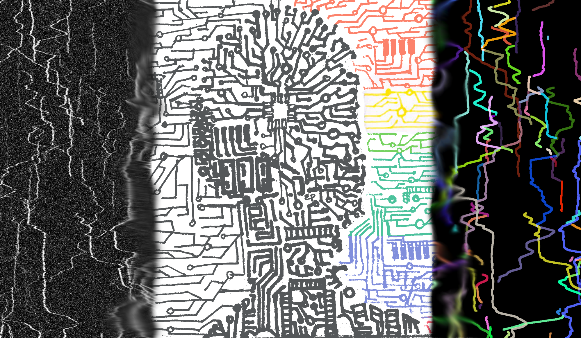  Artist's impression of a deep neural network trained to recognise particle motion in space-time representations. Credit to Eva Pillai